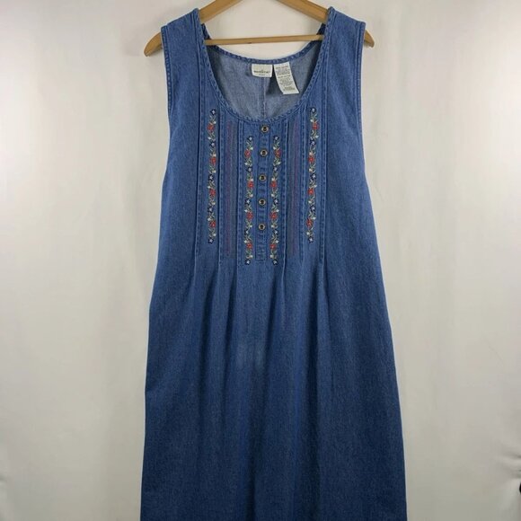 White Stag Dresses & Skirts - VTG Womens Embroidered Overall Jumper Denim Maxi Dress 22W/24W Country Cottage